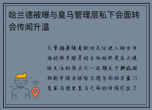 哈兰德被曝与皇马管理层私下会面转会传闻升温